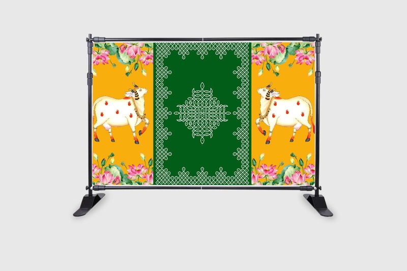 Backdropon Two Cows with Kollam (muggu) Design Backdrop Cloth for Pooja Decoration Traditional/Background Curtain Cloth for Festival Size 5 Feet Height and 8 Feet Width(5 * 8) - Image 2