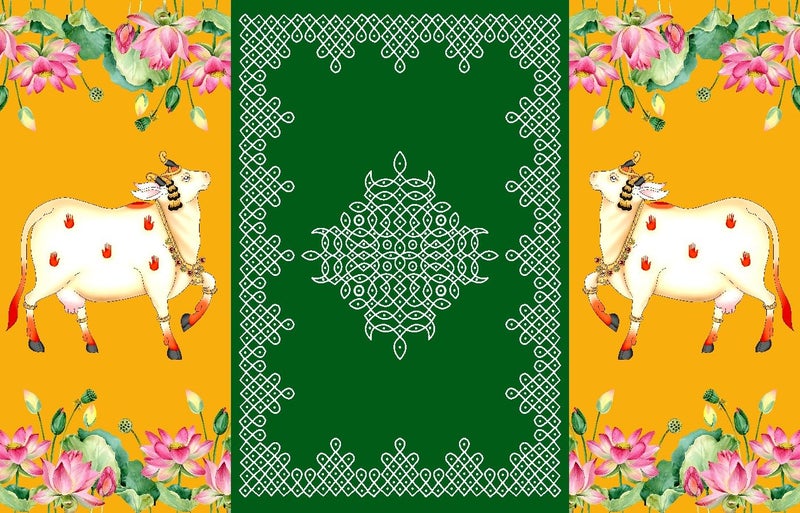 Backdropon Two Cows with Kollam (muggu) Design Backdrop Cloth for Pooja Decoration Traditional/Background Curtain Cloth for Festival Size 5 Feet Height and 8 Feet Width(5 * 8) - Image 1