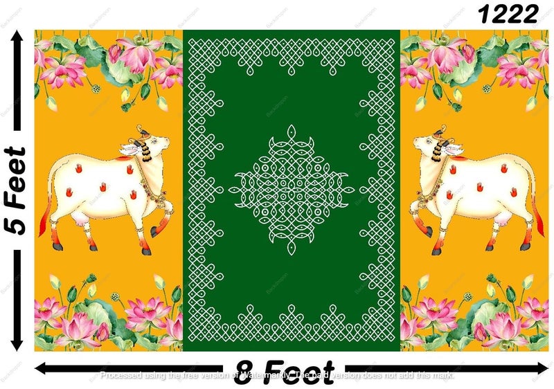 Backdropon Two Cows with Kollam (muggu) Design Backdrop Cloth for Pooja Decoration Traditional/Background Curtain Cloth for Festival Size 5 Feet Height and 8 Feet Width(5 * 8) - Image 3