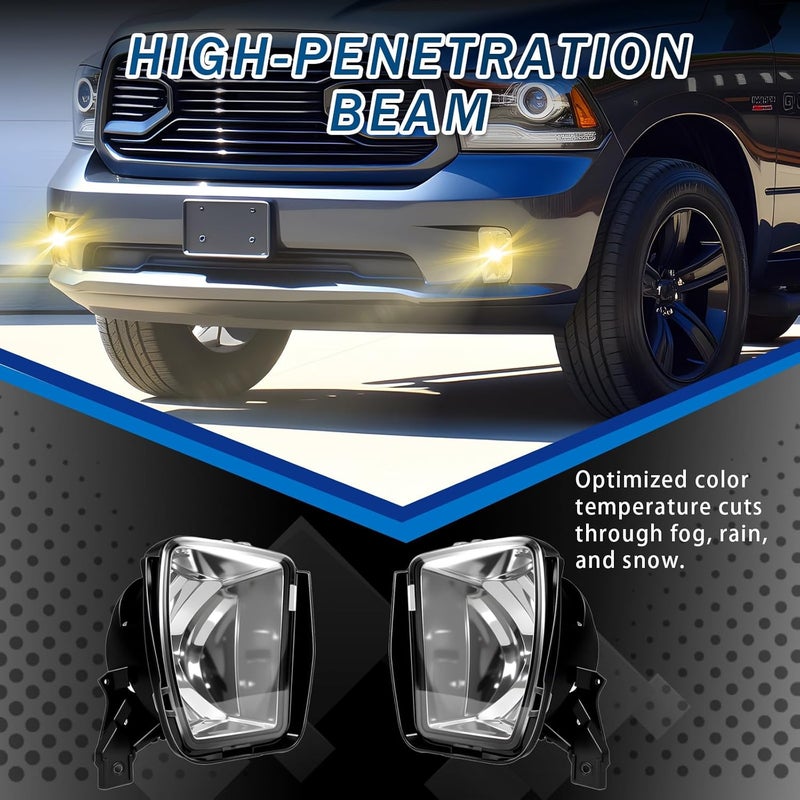 Shocklight Fog Lights for 2013-2018 Ram 1500 & 2019-2021 Ram 1500 Classic - Clear Lens Front Bumper Driving Lamps - Image 5