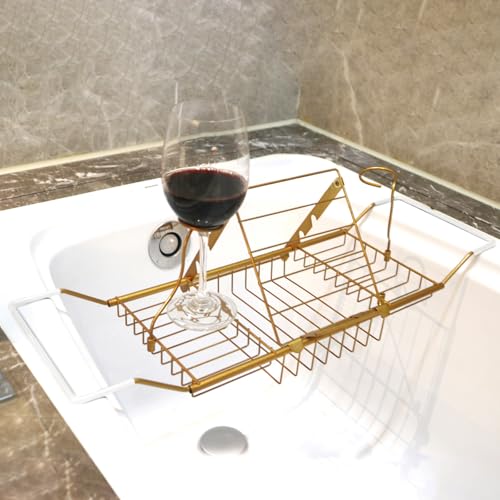 PLKO Bathtub Tray,Stainless Steel Shower Bathtub Caddy Tray with Removable Book Holder Red Wine Rack Holder, for Home Kitchen Bathroom,Gold - Image 1