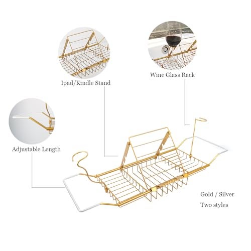 PLKO Bathtub Tray,Stainless Steel Shower Bathtub Caddy Tray with Removable Book Holder Red Wine Rack Holder, for Home Kitchen Bathroom,Gold - Image 2