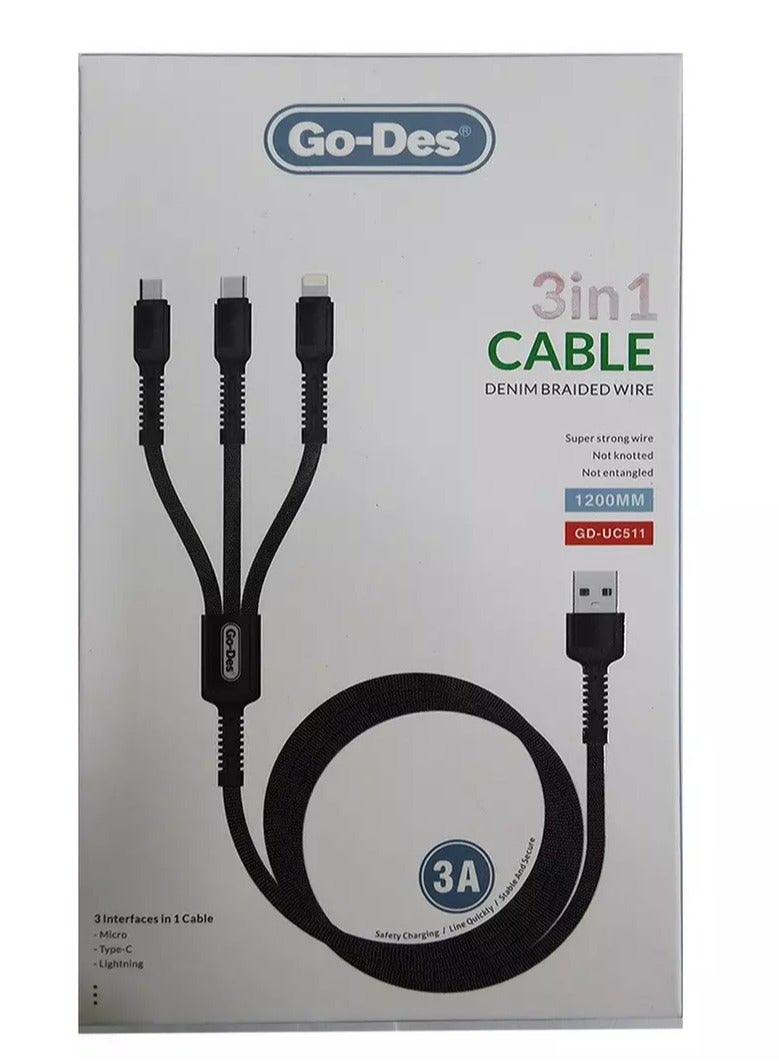 Go-Des UC-511 3 in 1 Quick Lightning Cable - Image 1