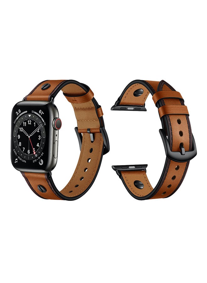 Perfii One Rivet Leather Replacement Band For Apple Watch Series 6/SE/5/4/3/2/1 Brown