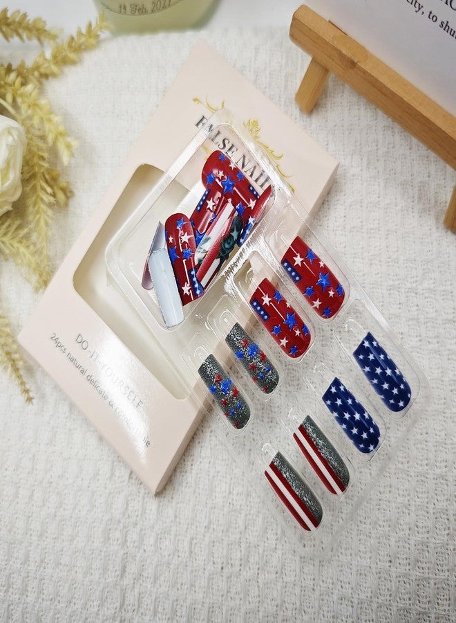 KKUUOO Independence Day Glitter Press on Nails 4th of July American Flag Fake Nails Medium Square Acrylic Nails Full Cover Glossy Stick on Nails for Women 4th of July Nail Art Decoration 24Pcs - Image 4