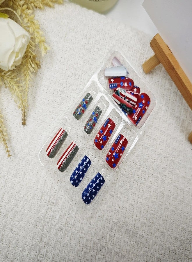 KKUUOO Independence Day Glitter Press on Nails 4th of July American Flag Fake Nails Medium Square Acrylic Nails Full Cover Glossy Stick on Nails for Women 4th of July Nail Art Decoration 24Pcs - Image 3