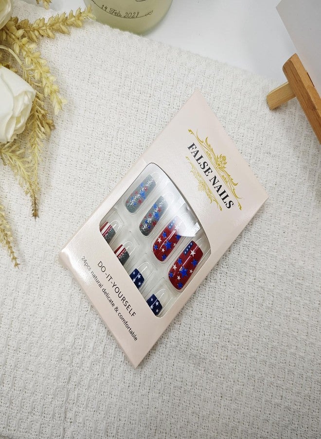 KKUUOO Independence Day Glitter Press on Nails 4th of July American Flag Fake Nails Medium Square Acrylic Nails Full Cover Glossy Stick on Nails for Women 4th of July Nail Art Decoration 24Pcs - Image 2