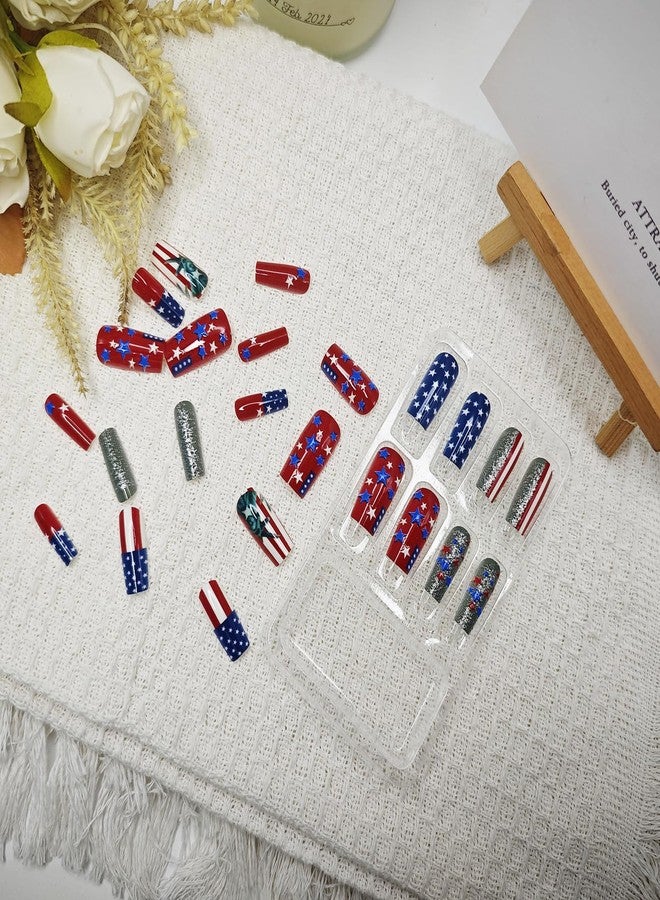 KKUUOO Independence Day Glitter Press on Nails 4th of July American Flag Fake Nails Medium Square Acrylic Nails Full Cover Glossy Stick on Nails for Women 4th of July Nail Art Decoration 24Pcs - Image 5