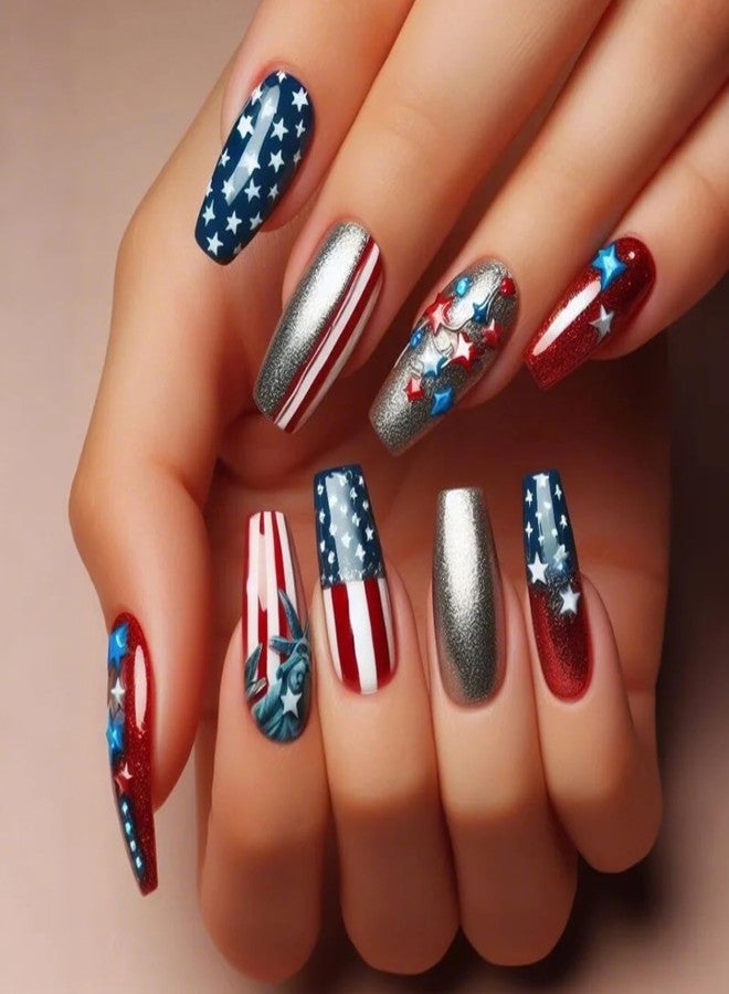 KKUUOO Independence Day Glitter Press on Nails 4th of July American Flag Fake Nails Medium Square Acrylic Nails Full Cover Glossy Stick on Nails for Women 4th of July Nail Art Decoration 24Pcs - Image 1