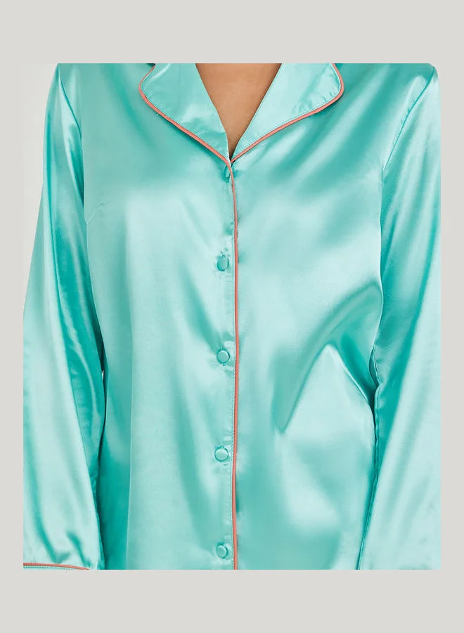 Styli Contrast Piped Long Sleeves Knee Length Nightshirt Dress