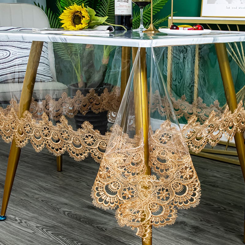 Jeloris Plastic Clear Rectangle Tablecloth Vinyl PVC Waterproof Tablecloth Embroidered Lace Edge Transparent Table Cover for Kitchen Dining Coffee Table 60x78 inch Brown