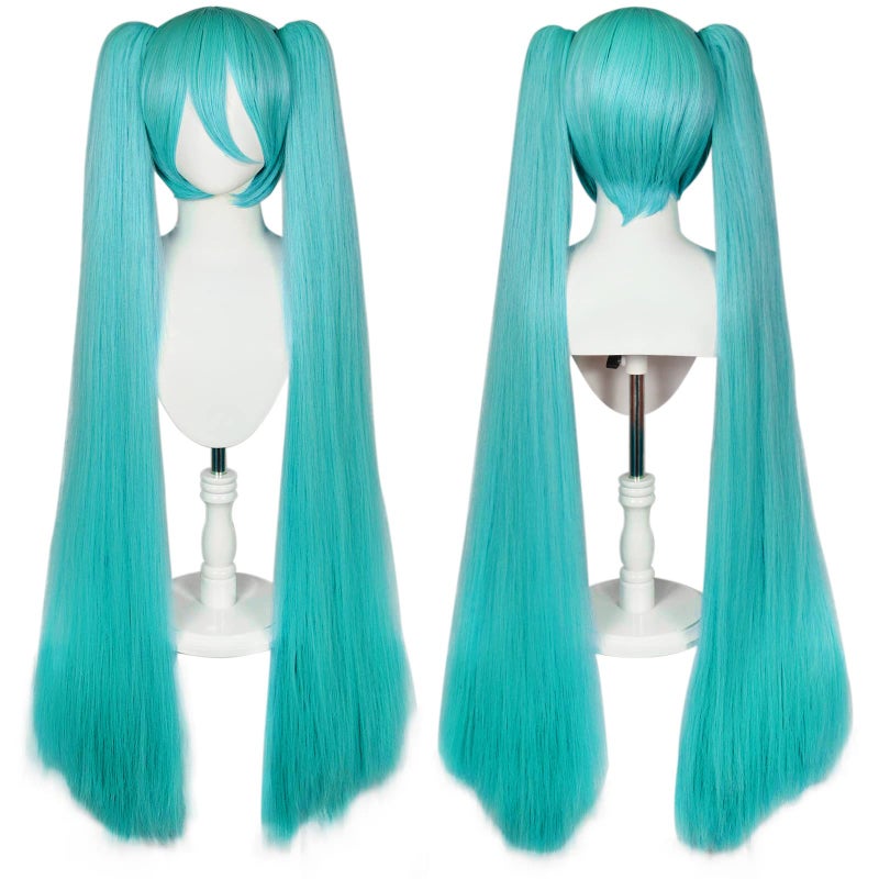 Ebingoo 47 Inch Long Green Wig with Bangs for Women with Two Detachable Ponytails Wig Cap Long Straight Synthetic Green Cosplay Wig for Halloween Costume Party Anime