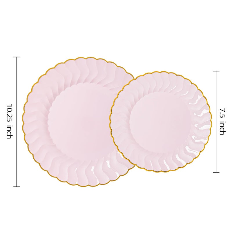 Lullaby 60 Pack Pink Scalloped Plastic Plates with Gold Rim  Disposable Elegant Plates Include 30pcs Dinner Plate 10.25""  30pcs Dessert Plate 7.5""  Perfect for Daily Use  Wedding and Party - Image 1