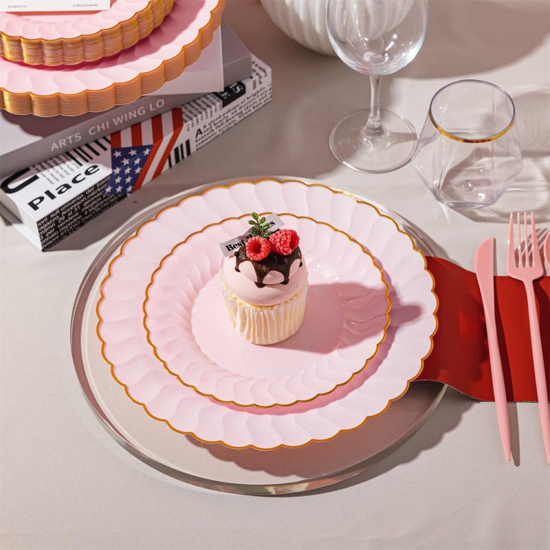 Lullaby 60 Pack Pink Scalloped Plastic Plates with Gold Rim  Disposable Elegant Plates Include 30pcs Dinner Plate 10.25""  30pcs Dessert Plate 7.5""  Perfect for Daily Use  Wedding and Party - Image 4