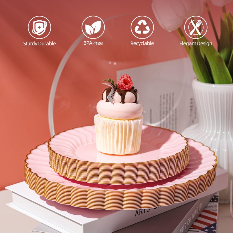 Lullaby 60 Pack Pink Scalloped Plastic Plates with Gold Rim  Disposable Elegant Plates Include 30pcs Dinner Plate 10.25""  30pcs Dessert Plate 7.5""  Perfect for Daily Use  Wedding and Party - Image 2