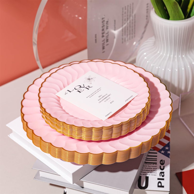 Lullaby 60 Pack Pink Scalloped Plastic Plates with Gold Rim  Disposable Elegant Plates Include 30pcs Dinner Plate 10.25""  30pcs Dessert Plate 7.5""  Perfect for Daily Use  Wedding and Party - Image 3