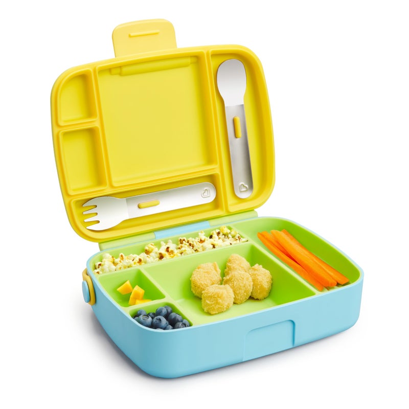Munchkin Lunch Bento Box for Kids and Toddlers, Includes Stainless Steel Utensils, BPA-Free, 18 Months and Up, Blue/Green/Yellow - Image 1