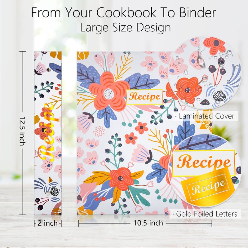 Relaehih حافظة وصفات 3 حلقات 8.5" x 11" كتاب وصفات مجموعة حافظة وصفات مع 60 بطاقة وصفة مطبوعة 4" x 6"، 8 فواصل فئة لكتابة وصفاتك، هدايا فريدة للنساء (أبيض) - Image 2