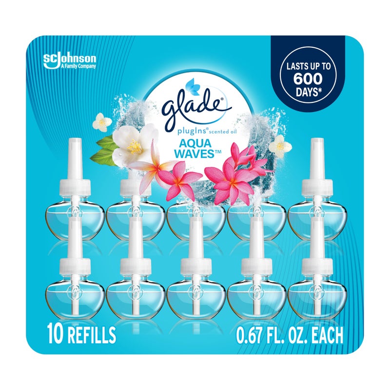 Glade PlugIns Refills Air Freshener, Scented and Essential Oils for Home and Bathroom, Aqua Waves, 6.7 Fl Oz, 10 Count - Image 1