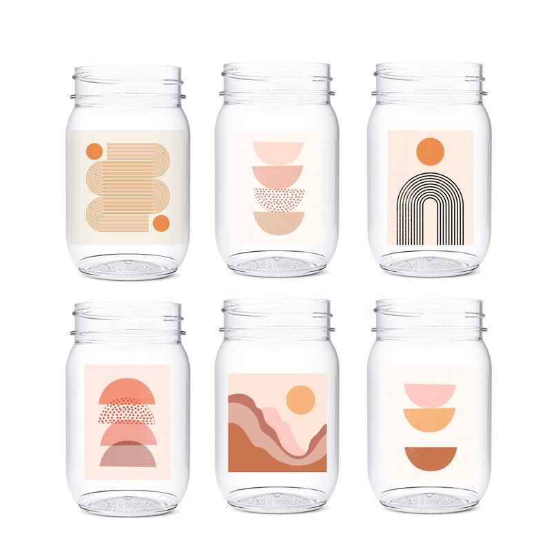 TOSSWARE POP 16oz Mason Desert Vibes Series SET OF 6 Premium Quality Recyclable Unbreakable  Crystal Clear Plastic Printed Mason Jars