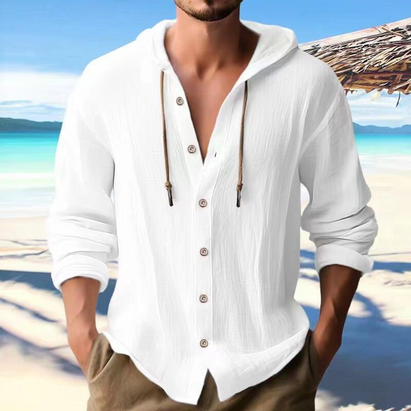 Generic Cross-border Mens Sports Casual Long Sleeve Shirt Cotton Linen Hooded Fashion Sweatshirt Trendy All-match Loose Beach T-shirt White