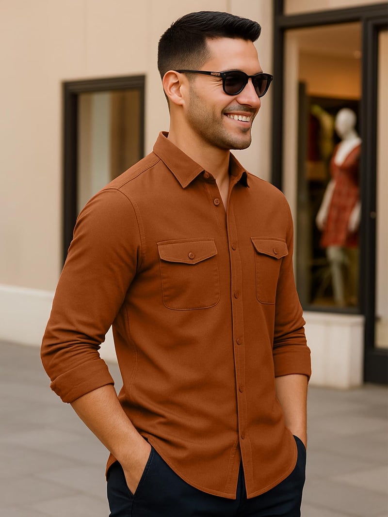 Veirdo® Men's Pure Cotton Utility Shirt | Full Sleeve Casual Button-Down with Dual Chest Pockets | Stylish & Comfortable Everyday Wear | VD_FS_RC_SH_RST_S Rust - Image 4