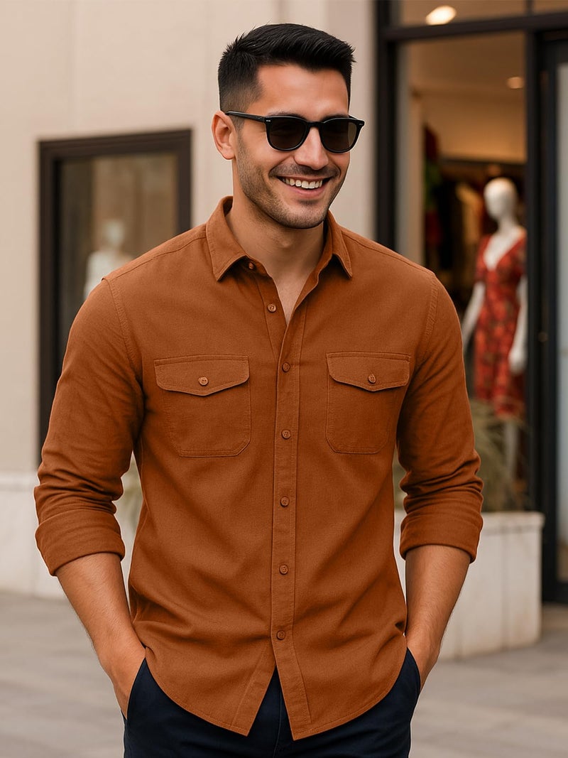 Veirdo® Men's Pure Cotton Utility Shirt | Full Sleeve Casual Button-Down with Dual Chest Pockets | Stylish & Comfortable Everyday Wear | VD_FS_RC_SH_RST_S Rust - Image 2