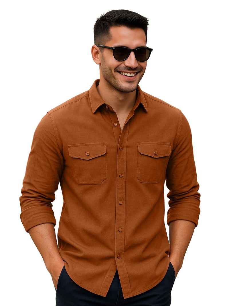 Veirdo® Men's Pure Cotton Utility Shirt | Full Sleeve Casual Button-Down with Dual Chest Pockets | Stylish & Comfortable Everyday Wear | VD_FS_RC_SH_RST_S Rust - Image 1
