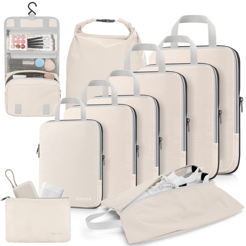 Gonex 10 Set Compression Packing Cubes, Expandable Storage Travel Bags for Suitcase, Luggage Organizers with Hanging Toiletry Bag Laundry Bag Shoe Bag Accessories Bag (Cream) - Image 1