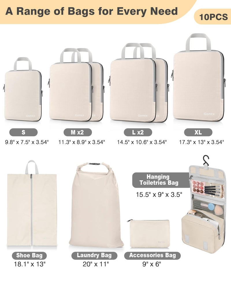Gonex 10 Set Compression Packing Cubes, Expandable Storage Travel Bags for Suitcase, Luggage Organizers with Hanging Toiletry Bag Laundry Bag Shoe Bag Accessories Bag (Cream) - Image 3