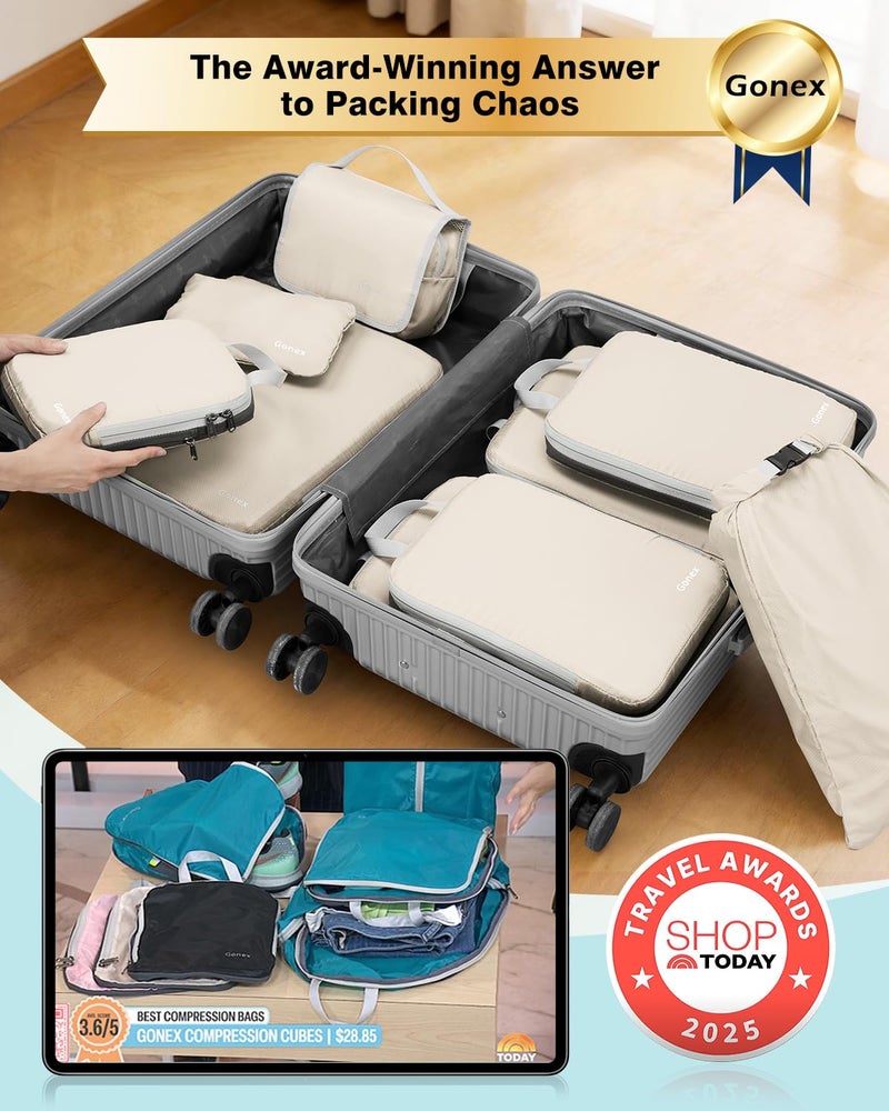 Gonex 10 Set Compression Packing Cubes, Expandable Storage Travel Bags for Suitcase, Luggage Organizers with Hanging Toiletry Bag Laundry Bag Shoe Bag Accessories Bag (Cream) - Image 2
