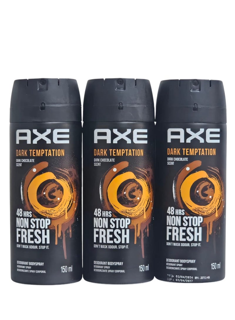 أكس بخاخ مزيل لرائحة العرق للجسم دارك تيمبتيشن لحماية من الرائحة الكريهة تدوم طويلاً لمدة 48 ساعة وبعطر لا يقاوم للرجال 3عبوات