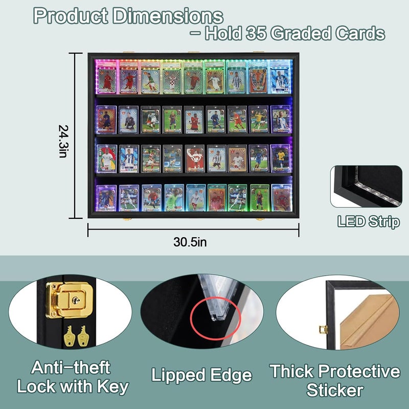Temgee 36 Graded Sports Card Display Case with LED - Lockable Trading Card Collector Wall Display Holder for Baseball Basketball Football Hockey Cards, UV Protection Acrylic(Black) - Image 2