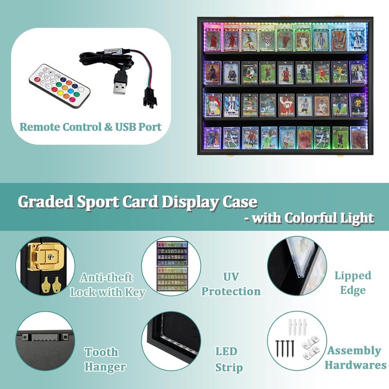 Temgee 36 Graded Sports Card Display Case with LED - Lockable Trading Card Collector Wall Display Holder for Baseball Basketball Football Hockey Cards, UV Protection Acrylic(Black) - Image 5