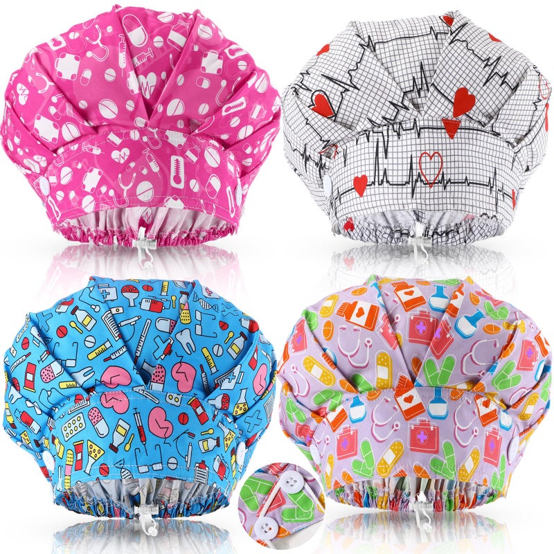 Bunnycool 4 Pieces Bouffant Caps with Button and Sweatband Adjustable Nurse Working Hat Elastic Band Scrub Cap for Women Men (Vivid) - Image 1