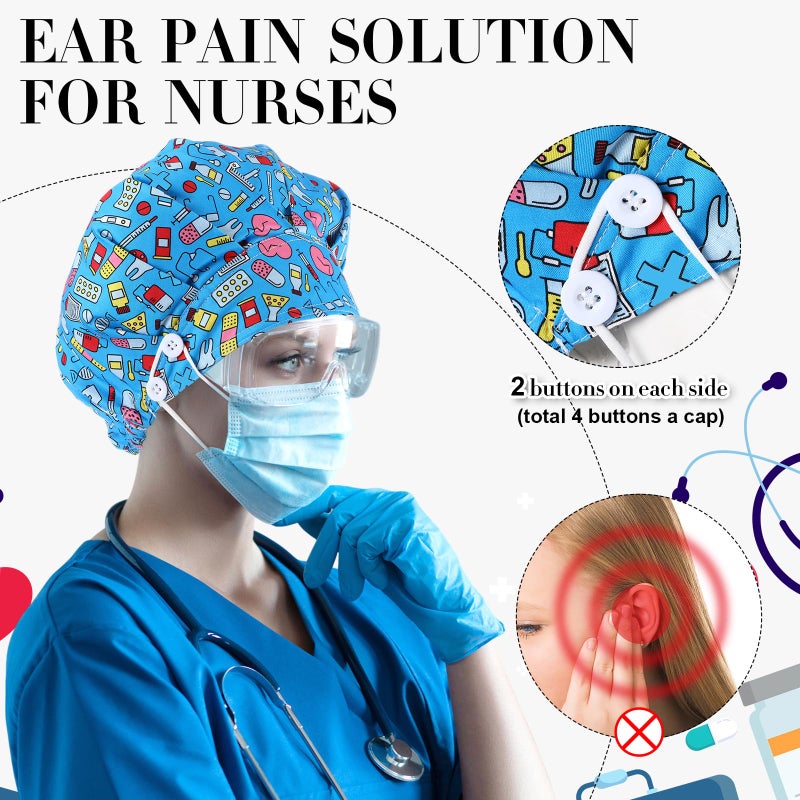 Bunnycool 4 Pieces Bouffant Caps with Button and Sweatband Adjustable Nurse Working Hat Elastic Band Scrub Cap for Women Men (Vivid) - Image 2