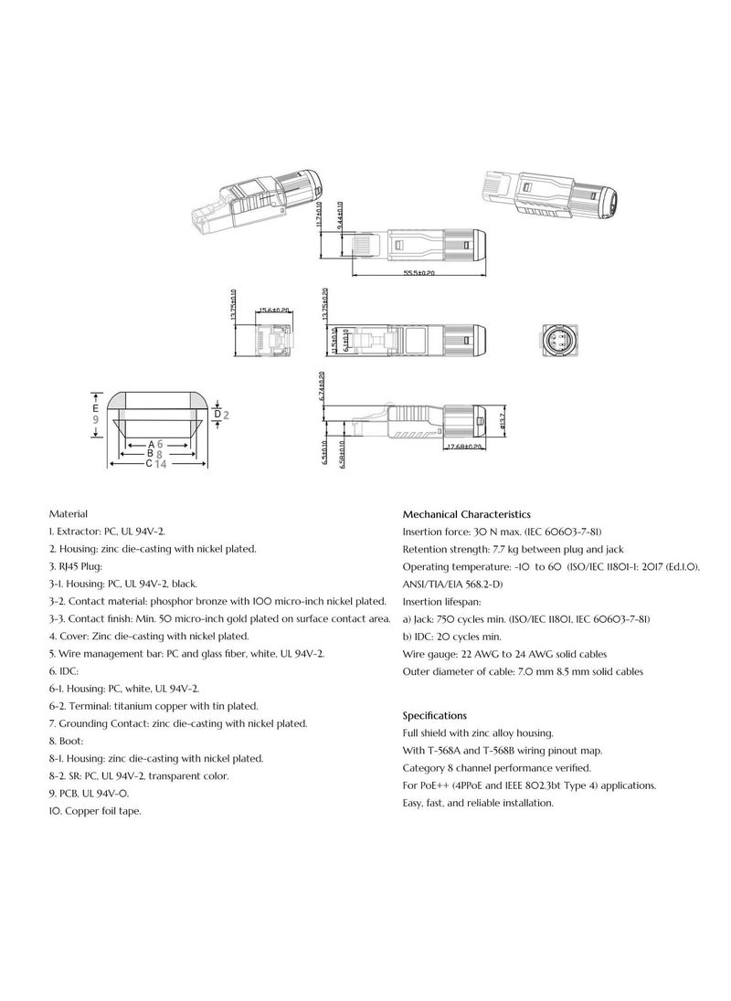 Excefore RJ45 Connectors Tool Free Cat 8, Cat8 Field Termination Plug Shielded RJ45 Modular Plugs for 2000MHz 2GHz 40G Double Shielded Solid LAN Cable 22AWG-24AWG (2-Pack)  - Image 4
