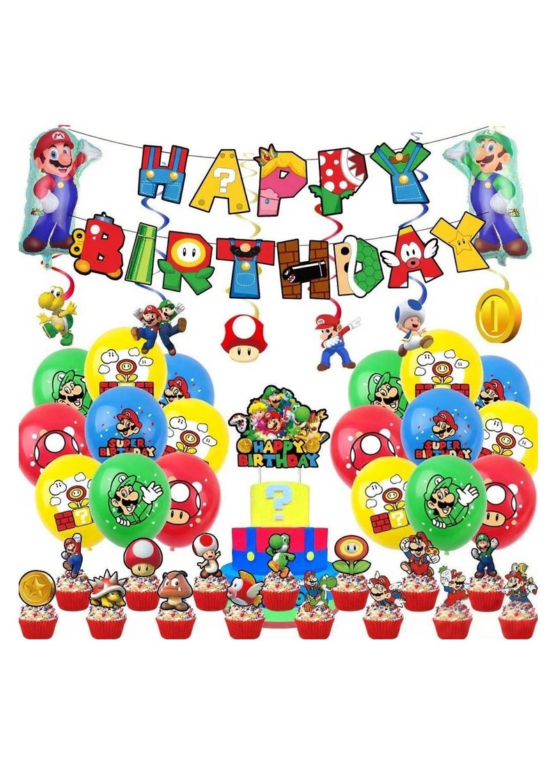 JAYATO New Mario theme birthday party decoration plumber game banner aluminum foil balloon cake topper pull flag - Image 1