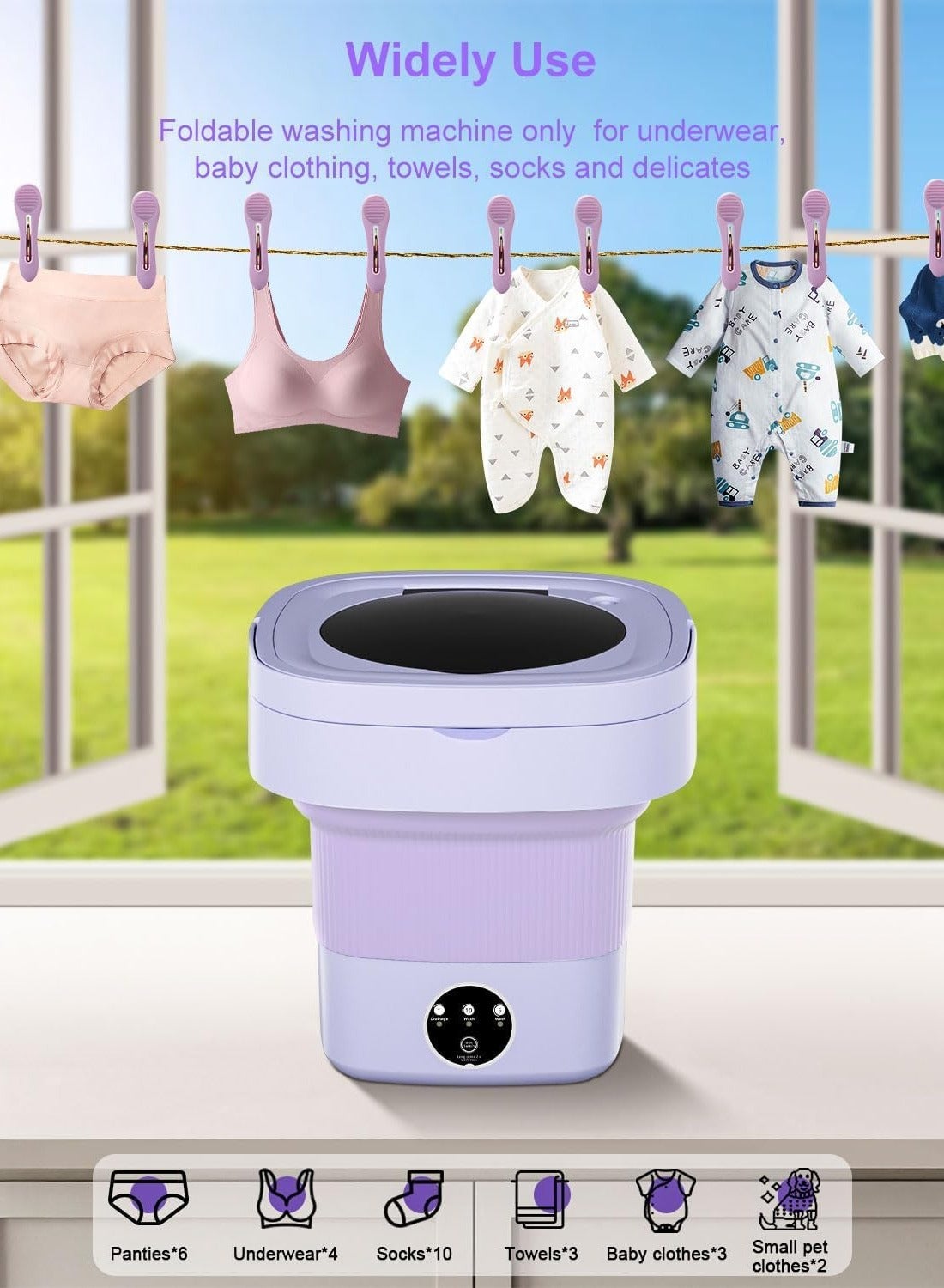 Small Washing Machine Portable Foldable Washing Machine - Mini Washer With 3 Wash Modes For Underwear, Baby Clothes (Purple) Grinchat Portable Washing Machine
