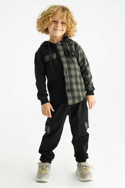 Zepkids Boy Plaid Pocket Hooded Tracksuit Set