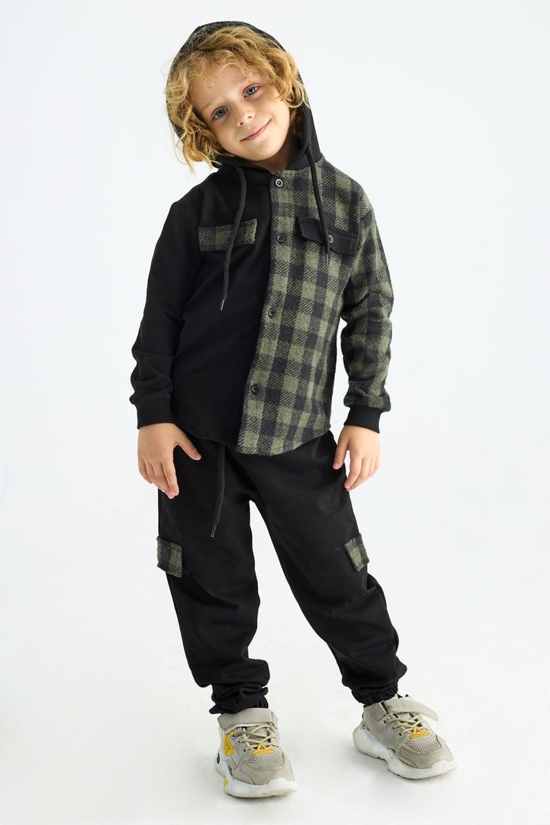 Zepkids Boy Plaid Pocket Hooded Tracksuit Set  - Image 2
