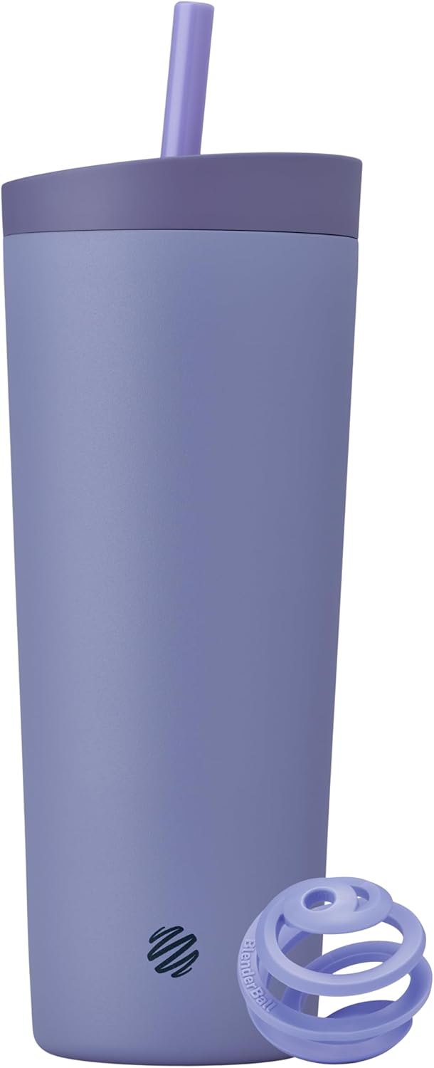 BlenderBottle بلندر بوتل 2 في 1 زجاجة شاي معزولة من الفولاذ المقاوم للصدأ مع غطاء مانع للتسرب وقشة بلندر بول خالية من BPA لاهتزازات البروتين والسموذي ووجبة ما قبل التمرين 24 أونصة بنفسجي أزرق ضباب القمر - Image 1