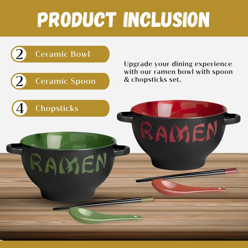 Goodscious Red & Green Ceramic Ramen Bowl Set with Chopsticks and Spoon - Set of 2 Microwavable Kitchen Noodle Bowl for Instant Noodles  Pho  Udon Noodles  Miso Soup - Japanese Ramen Bowls Ceramic Gifts (21 oz) - Image 4