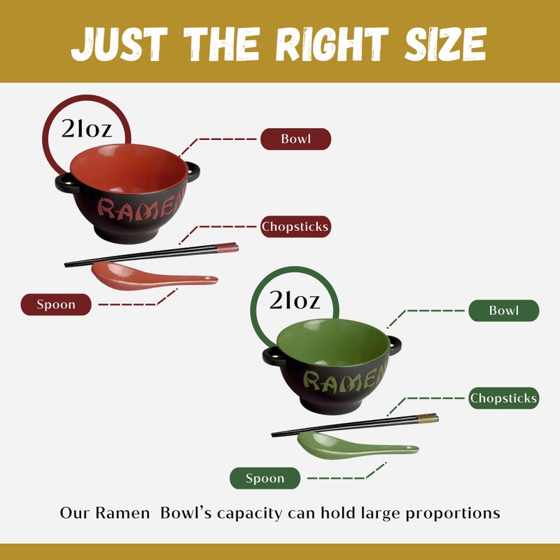 Goodscious Red & Green Ceramic Ramen Bowl Set with Chopsticks and Spoon - Set of 2 Microwavable Kitchen Noodle Bowl for Instant Noodles  Pho  Udon Noodles  Miso Soup - Japanese Ramen Bowls Ceramic Gifts (21 oz) - Image 3