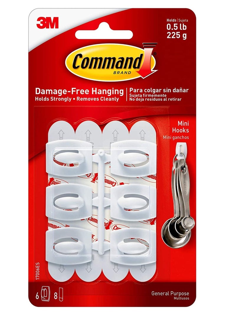 ثري ام 3M خطافات قيادة مع شرائط بيضاء صغيرة 6 خطافات، 8 شرائح