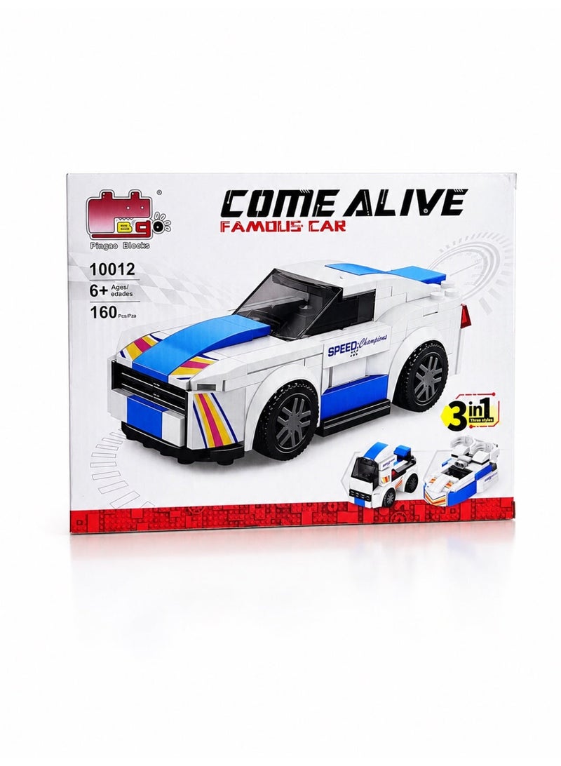 Pingao Blocks Come Alive Famous Car 3-in-1 Building Blocks Toy Set White and Blue 160 Pieces for Kids 6+ - Image 1