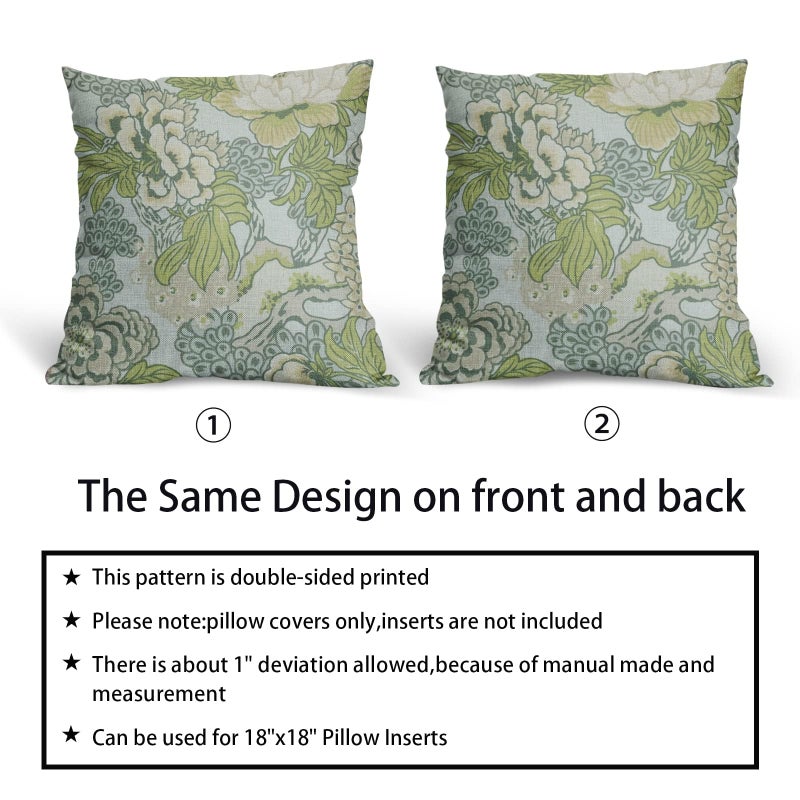 Anyako Sage Green Spring Flower Pillowcase Set of 2 Chinoiserie Floral Throw Pillows Square 18x18 Inch Spring Green Floral Pillow Cushion Covers Farmhouse Decor for Home Living Room Bed Couch Sofa Outdoor - Image 5