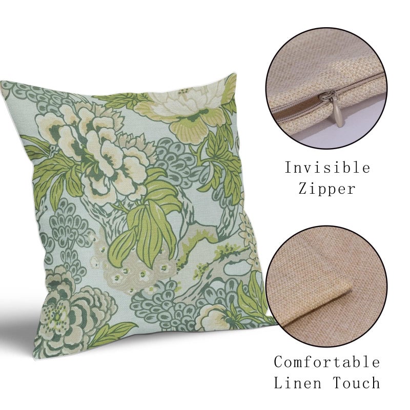Anyako Sage Green Spring Flower Pillowcase Set of 2 Chinoiserie Floral Throw Pillows Square 18x18 Inch Spring Green Floral Pillow Cushion Covers Farmhouse Decor for Home Living Room Bed Couch Sofa Outdoor - Image 3