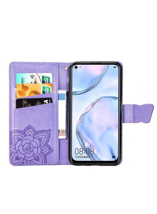 اس-توب جراب لهاتف Huawei P40 Lite/Nova 7i/Nova 6SE جراب جلدي أفقي منقوش عليه زهرة حب الفراشة مع حامل / فتحة بطاقة / محفظة / حبل - Image 3