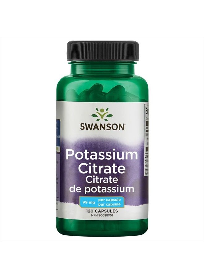 SWANSON Potassium Citrate - Mineral Supplement Promoting Heart Health & Energy Support - Aids Optimal Nerve & Kidney Function with Natural Ingredients - (120 Capsules, 99mg Each)  - Image 1